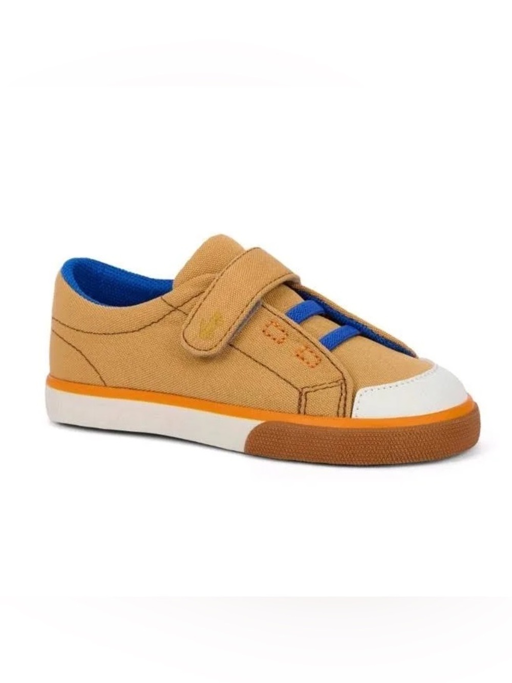 See Kai Run Alex Tan Canvas Velcro Sneaker with Blue Lining and Orange Trim